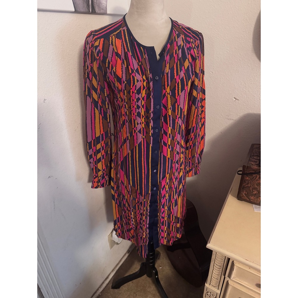 Trina Turk Womens Geometric Stripe Print Button Down Tunic Blouse Multi Color